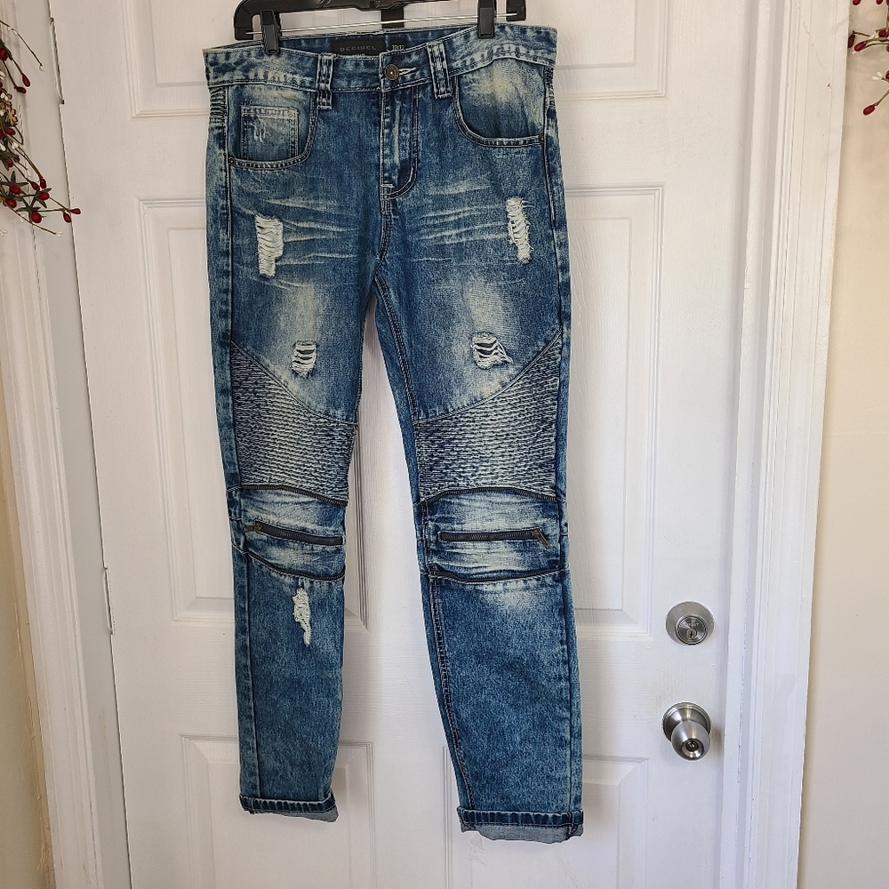 (890) Decibel Men's  5 Pocket Rip Repair Jeans in Blue, Size: 32/32